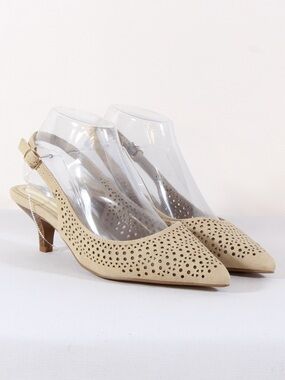 Easy Street Enchant Beige Perforated Slingback Kitten Heel Pumps